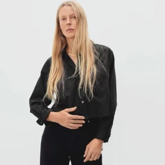 NEW Everlane The Silky Cotton Way-Short Button Down Shirt in Black Size Medium - Picture 1 of 8